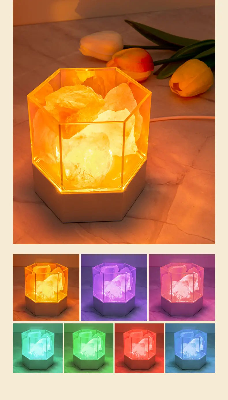 Close-up of pink Himalayan salt chunks glowing inside the modern lamp's clear hexagonal case