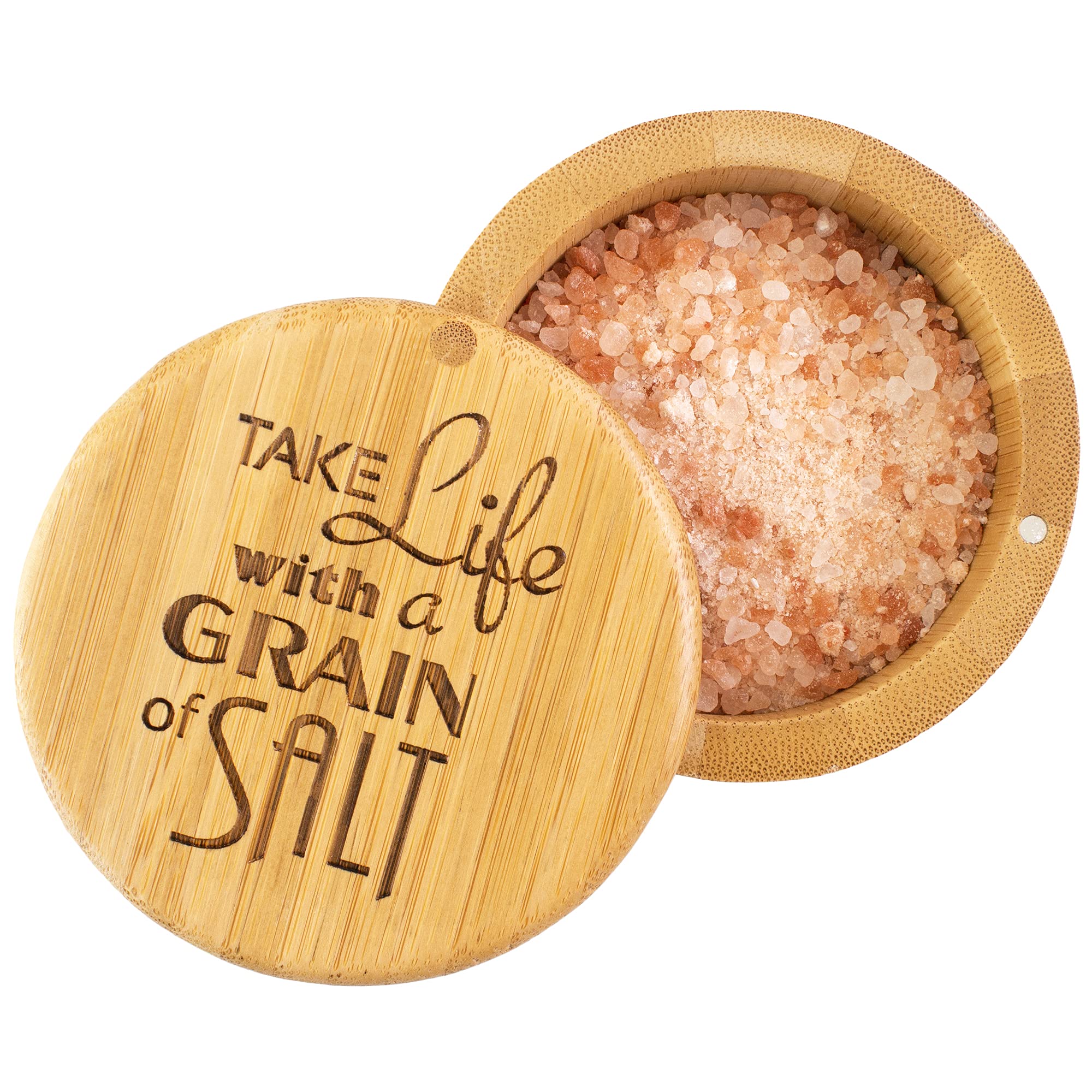 Totally Bamboo Salt Cellar Bamboo Storage Box with Magnetic Swivel Lid 6 Ounce Capacity "Take Life with a Grain of Salt" Engraved on Lid