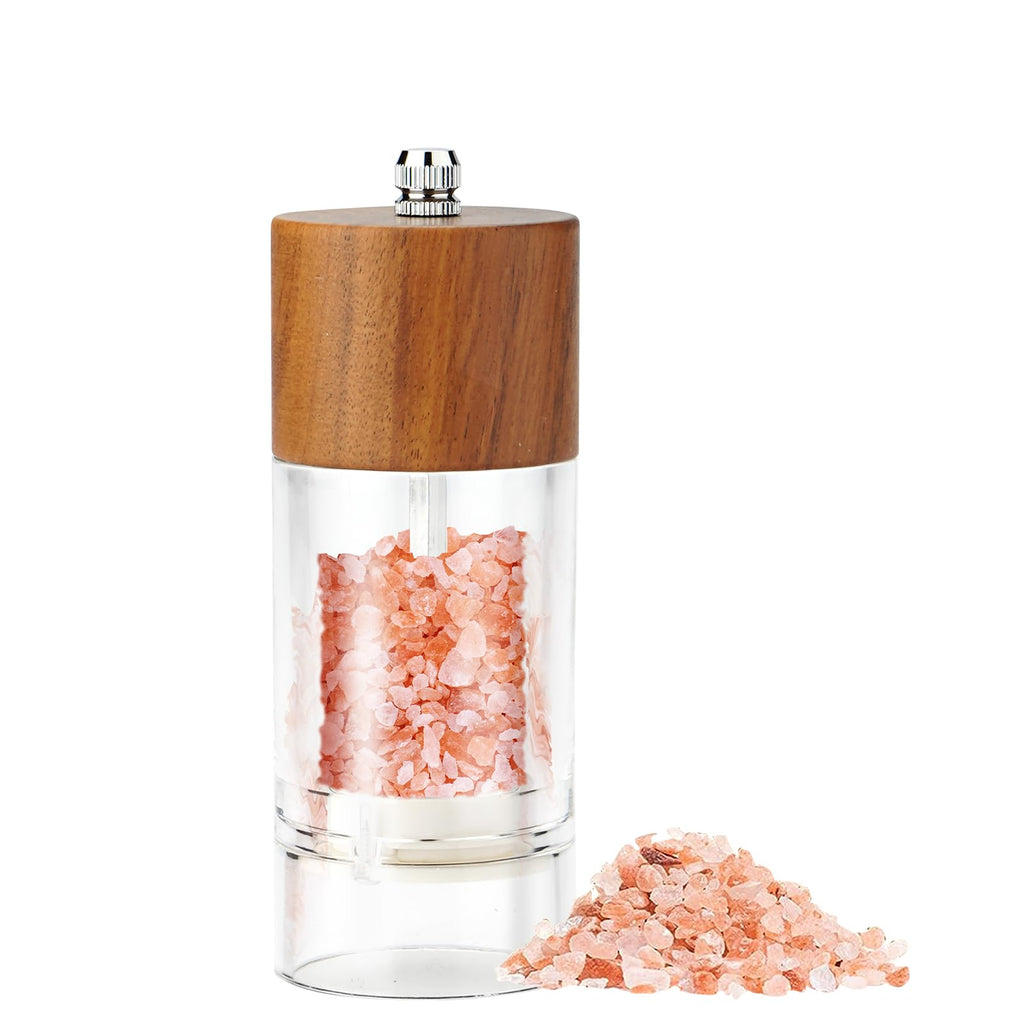 SHIKORI Premium Acrylic Salt and Pepper Grinder Set Manual Salt and Pepper Mills- Wooden Shakers with Adjustable Ceramic Core-Acacia 5in