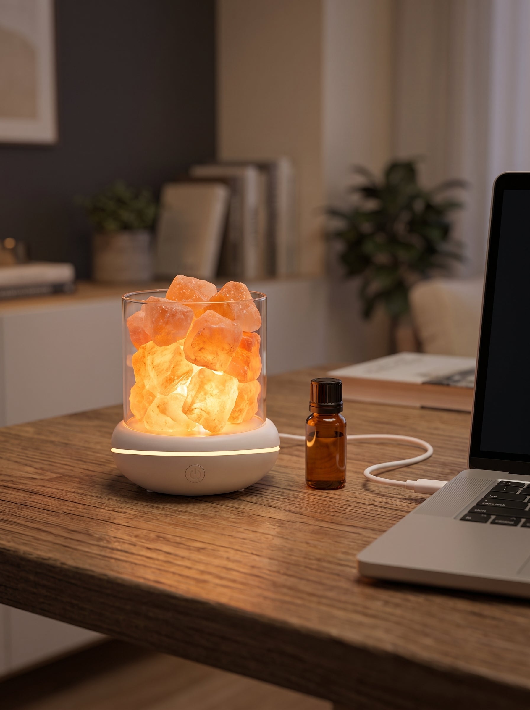 USB salt glow lamp on a desk, its white cable plugged into a laptop USB port, essential oil bottle beside it