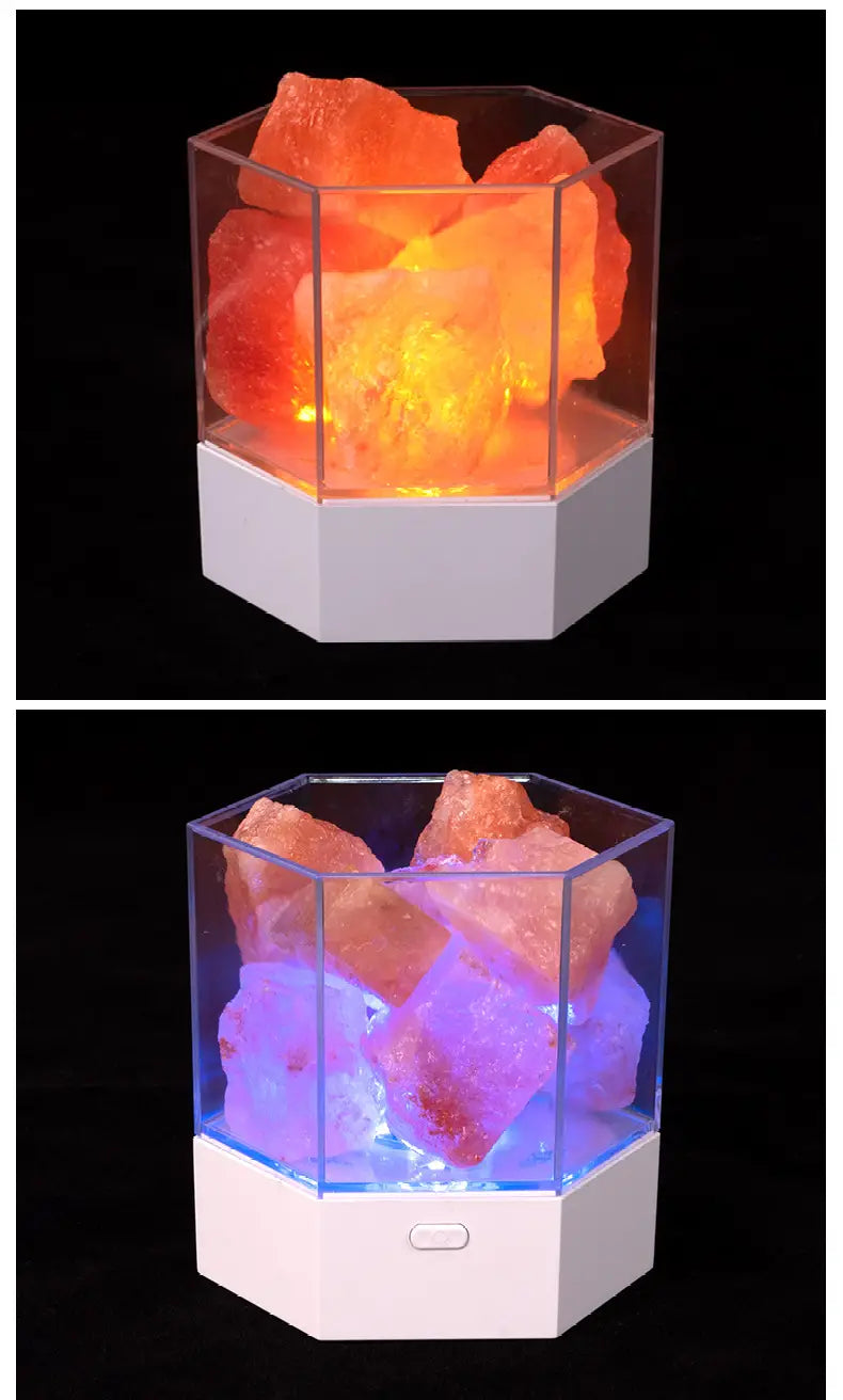 Modern USB salt lamp lit with a warm amber glow in a cozy room