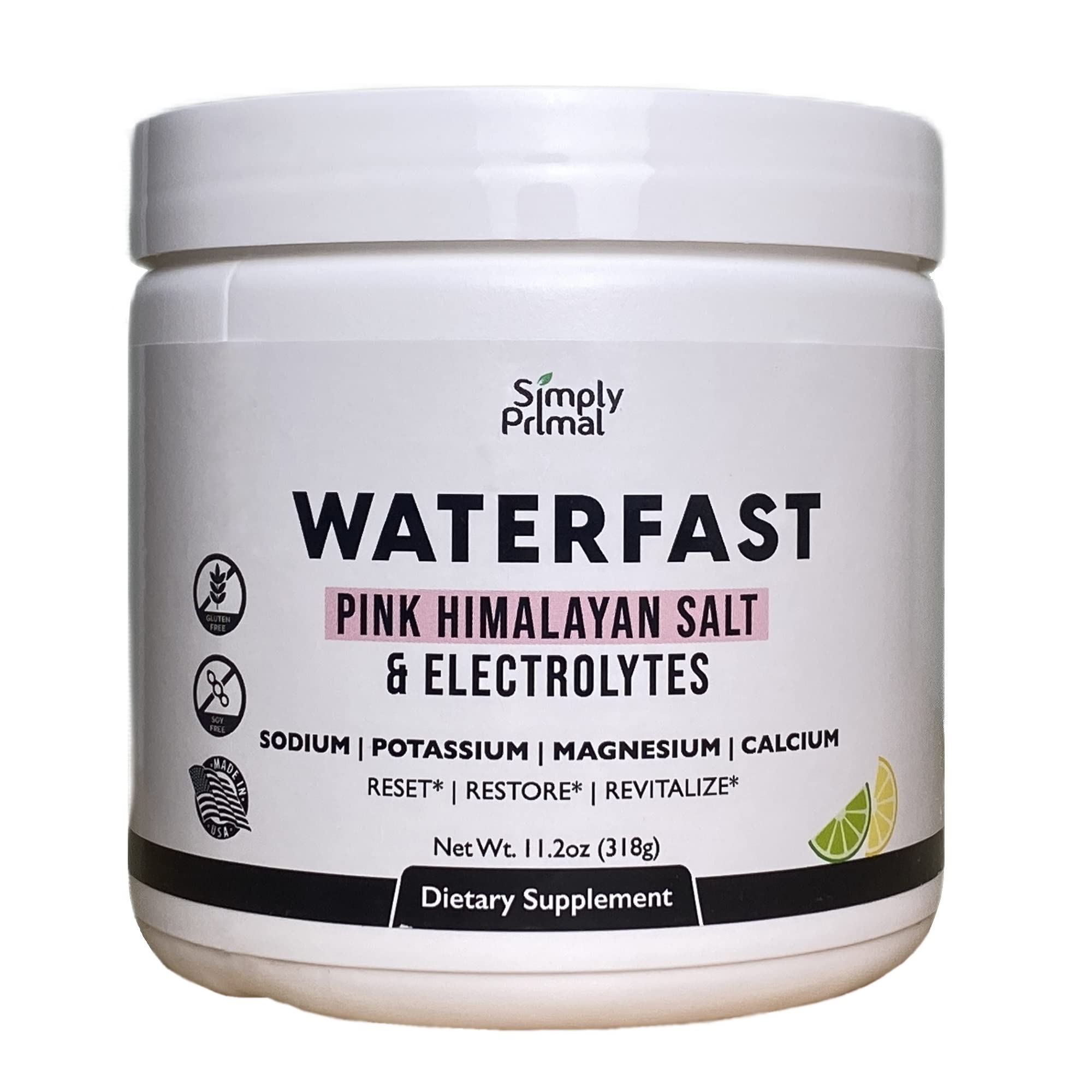 Simply Primal WATERFAST Keto Electrolyte Powder for Fasting and Hydration - Lemon Lime Flavor | Pink Himalayan Salt (Sodium) Potassium Magnesium Calcium | Sugar Free Gluten Free Soy Free