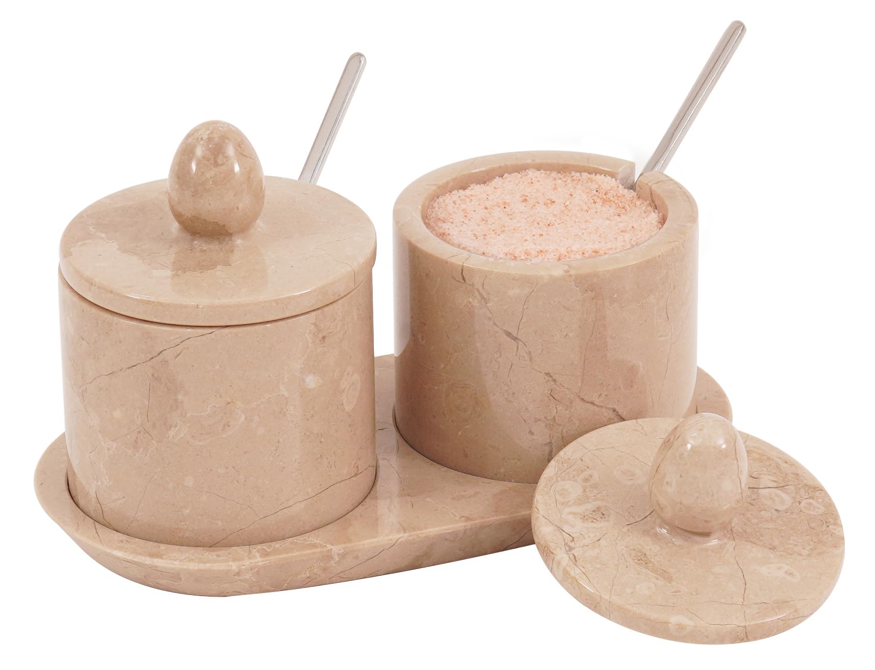 Marble Salt Cellar With Lid & Spoon Verona 4" Inches Handmade Set Of 2 Salt Cellar With Lid Salt & Pepper Container With Tray Salt Cellar Salt Box - Sugar Container & Salt Holder
