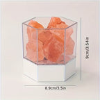 Modern Himalayan salt lamp dimension callout: 8.9 cm across and 9 cm tall
