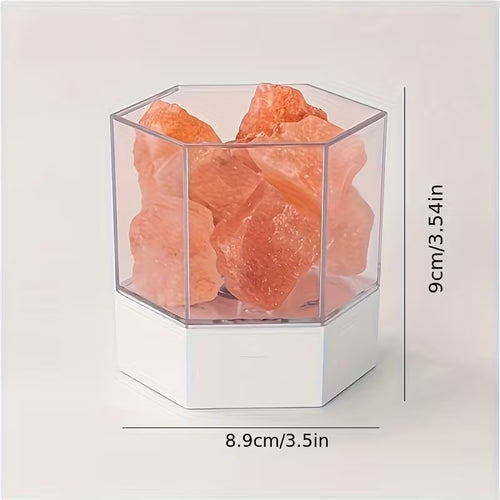 Modern Himalayan salt lamp dimension callout: 8.9 cm across and 9 cm tall