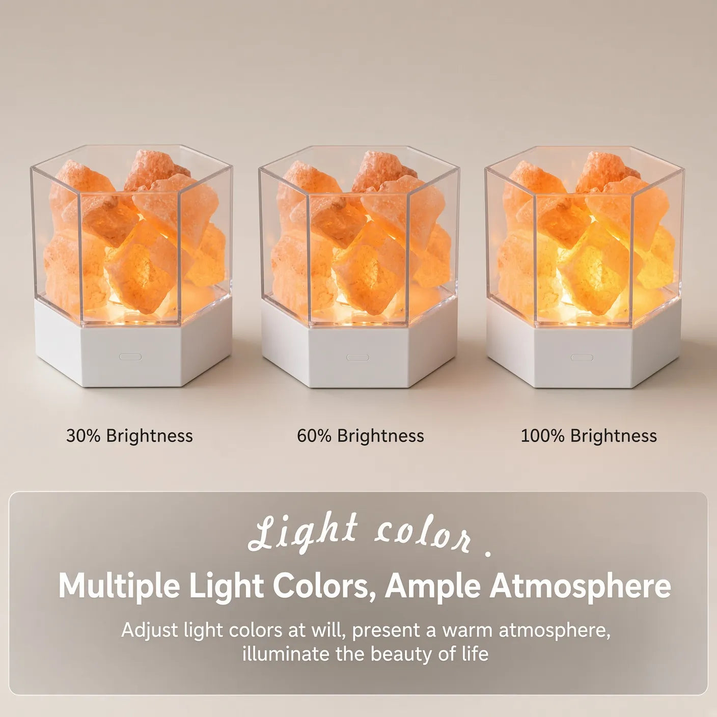 Modern Himalayan salt lamp at 30, 60 and 100 percent brightness, showing its adjustable light