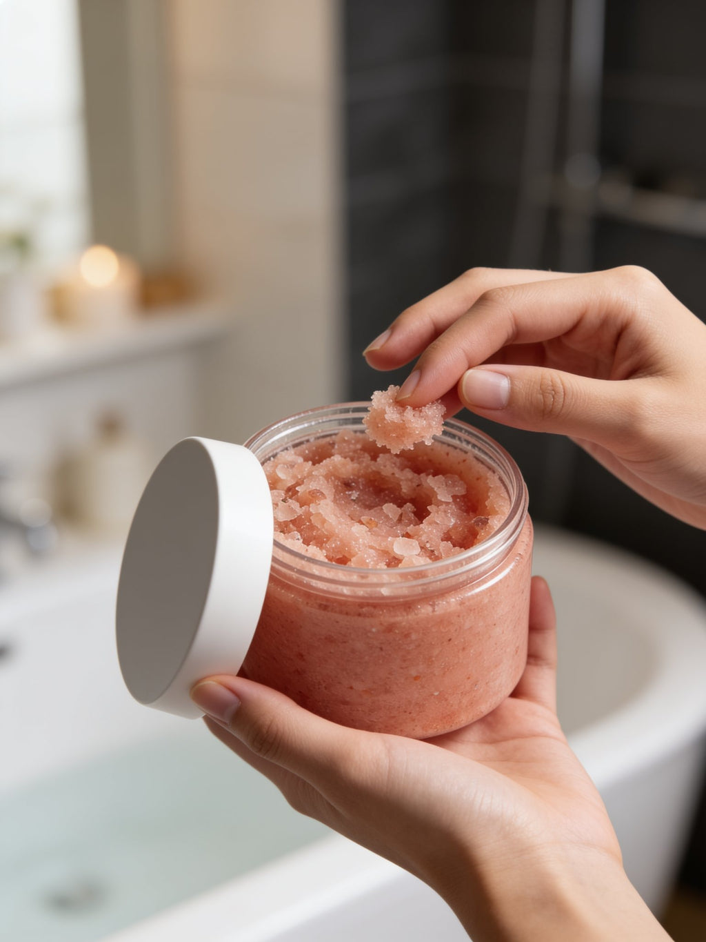 Hands scooping Himalayan salt body scrub from the jar in a calm spa bathroom