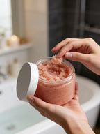 Hands scooping Himalayan salt body scrub from the jar in a calm spa bathroom