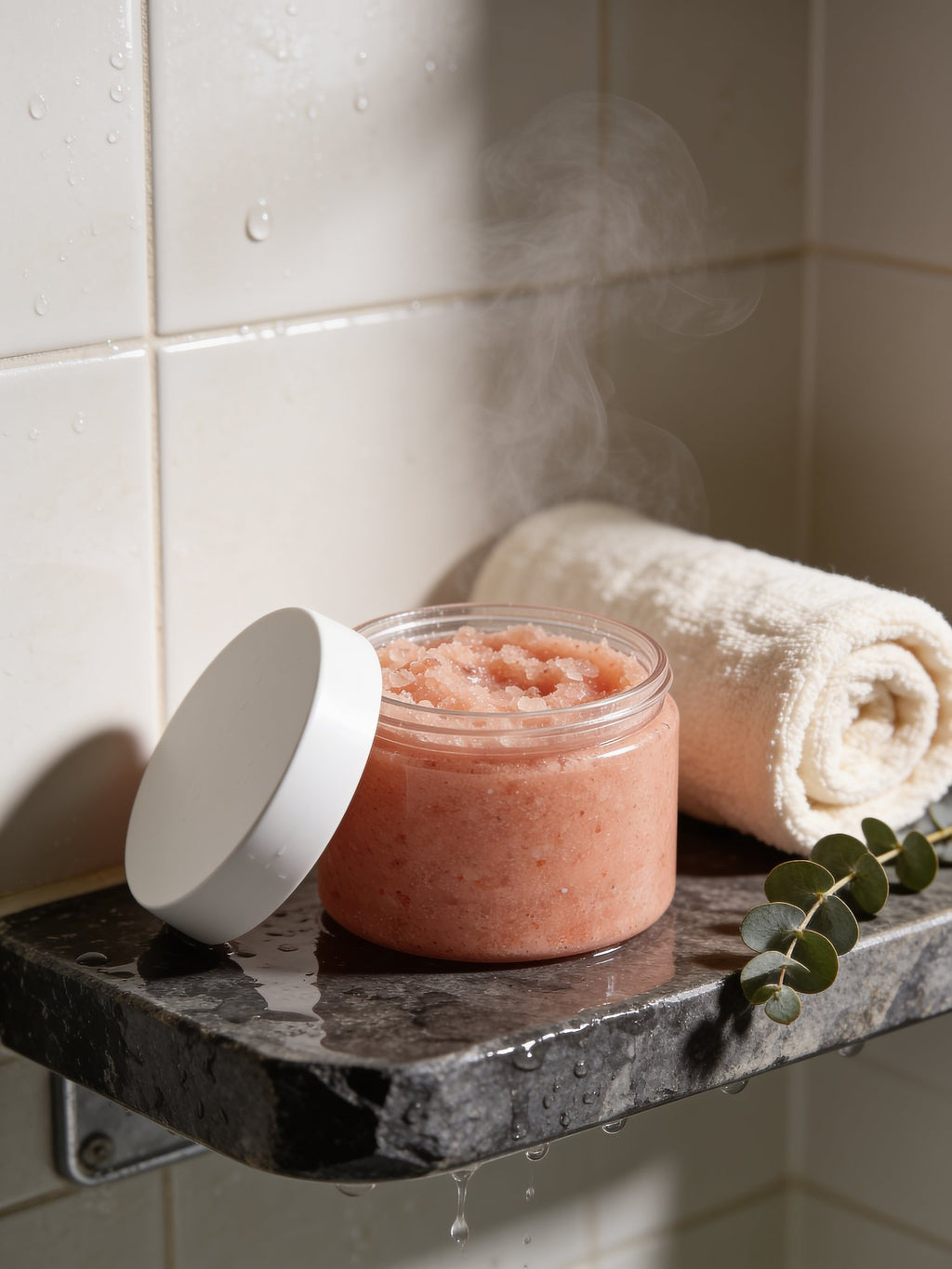 Himalayan salt body scrub jar on a spa shower shelf with a rolled towel and eucalyptus