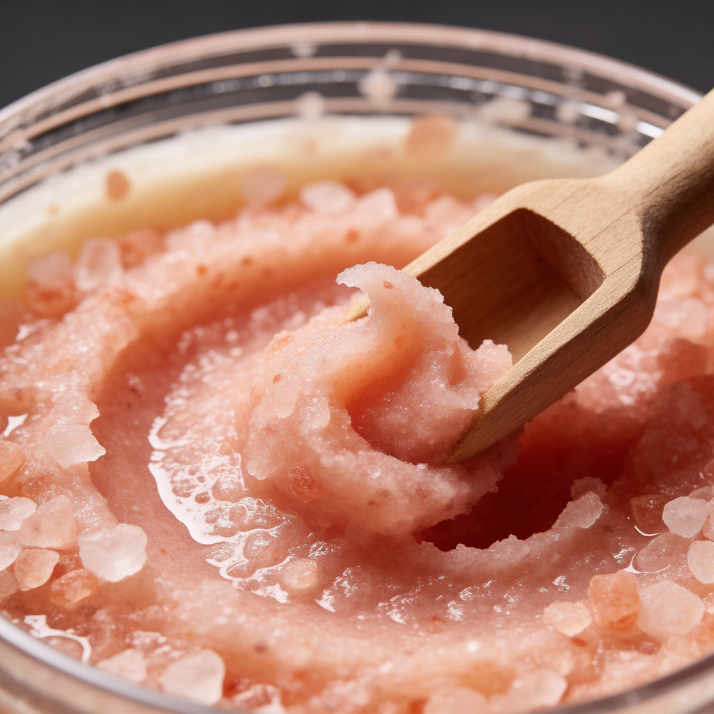 Close-up of Himalayan salt body scrub texture with a wooden scoop lifting the pink grains