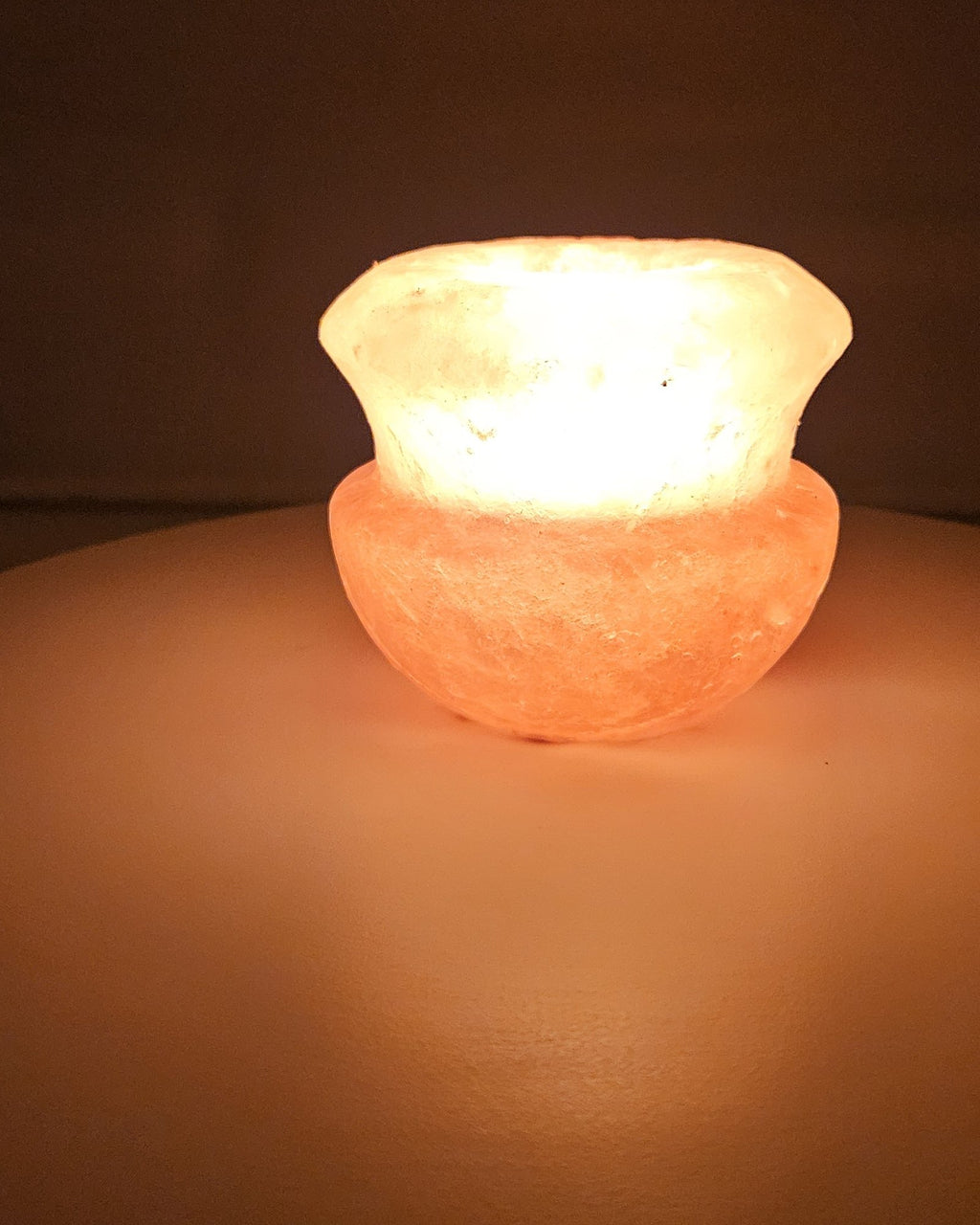 Gourd shaped salt candle holder, lit