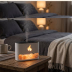 Himalayan salt flame diffuser glowing on a bedroom nightstand with soft mist