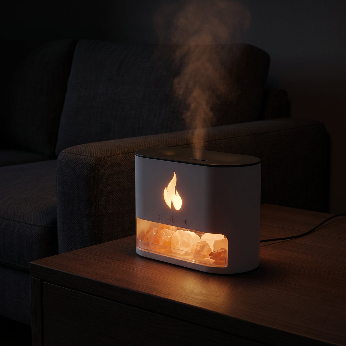 Himalayan salt flame diffuser glowing warm in a dark room