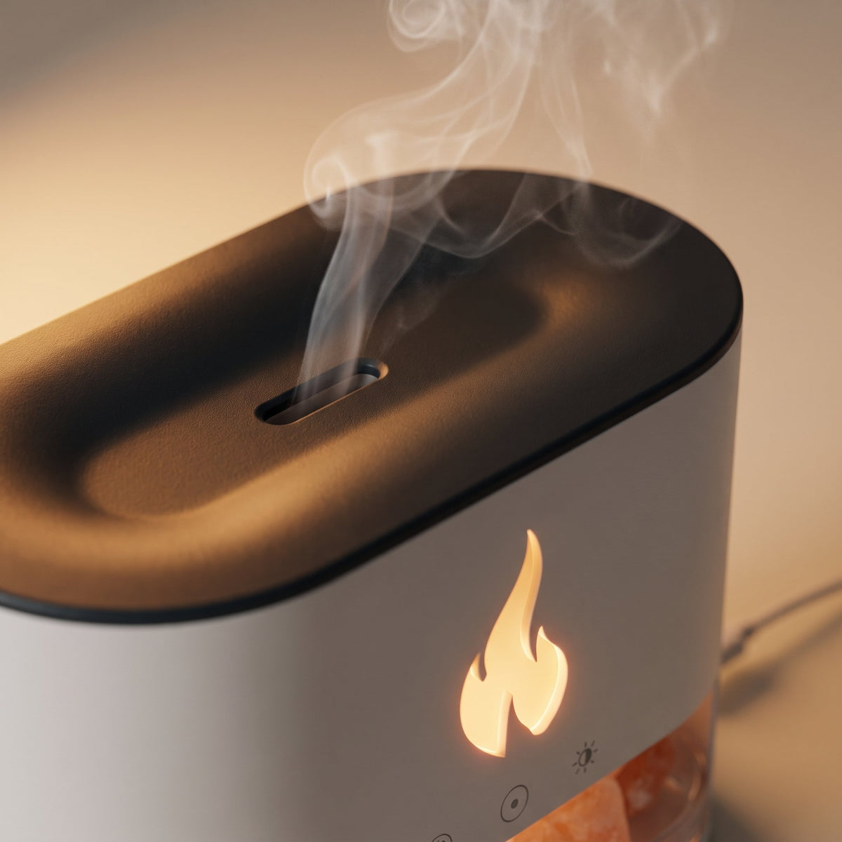 Close-up of cool mist rising from the Himalayan salt flame diffuser