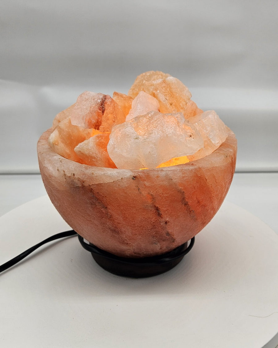Salt bowl lamp in daylight, showing the carved bowl wall