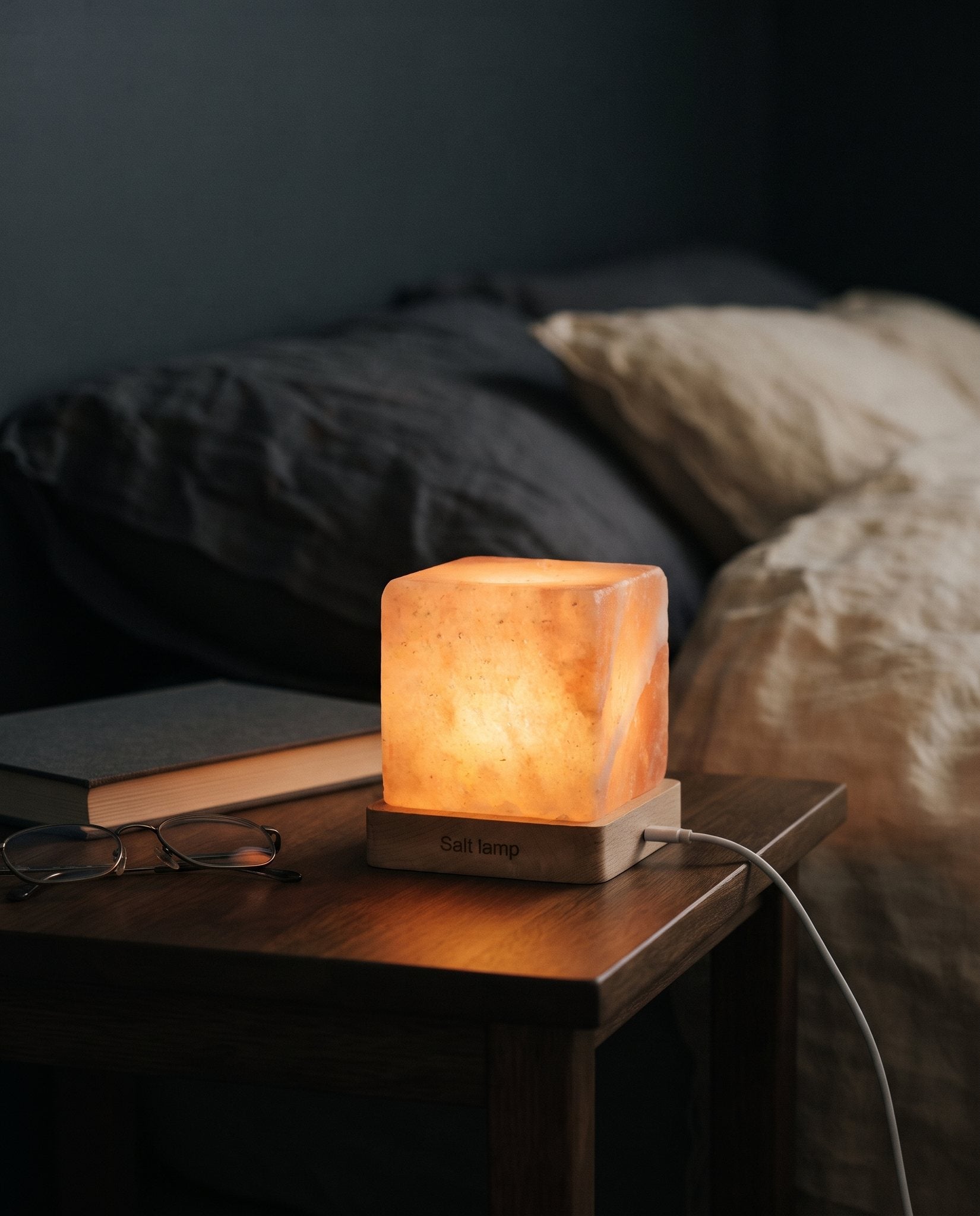 Himalayan salt cube night lamp glowing on a wooden nightstand beside a book and reading glasses