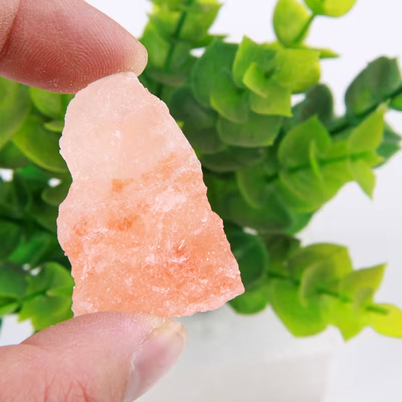 Real photo of a rough Himalayan salt rock chunk held between fingers