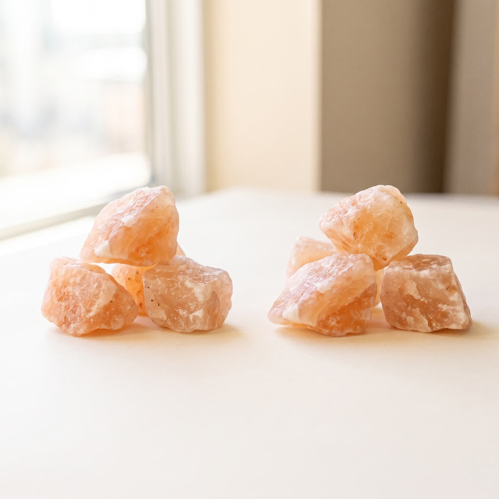 Everything in the two pack: two 100 gram portions of rough Himalayan salt rocks side by side