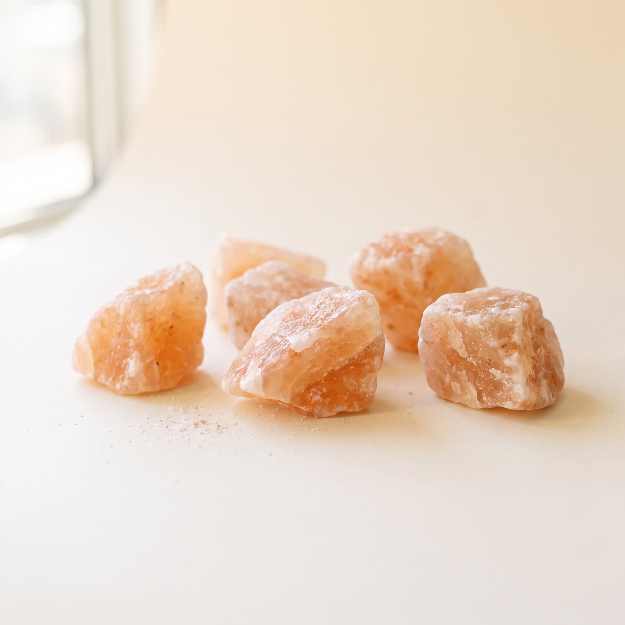 Two pack bundle of rough Himalayan salt rocks, 3 to 5 cm chunks, on a cream surface