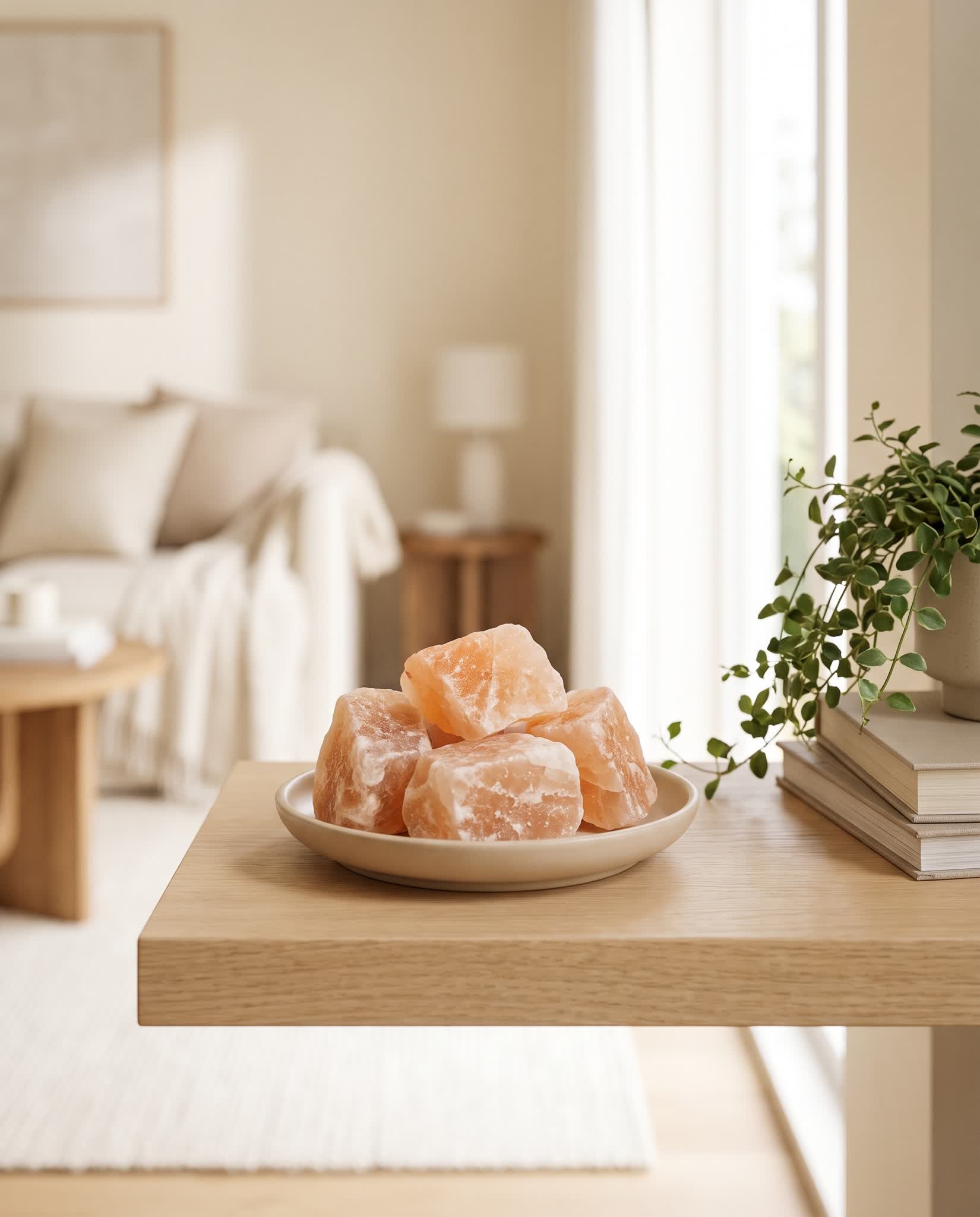Rough Himalayan salt rocks styled in a small ceramic dish on a wooden shelf
