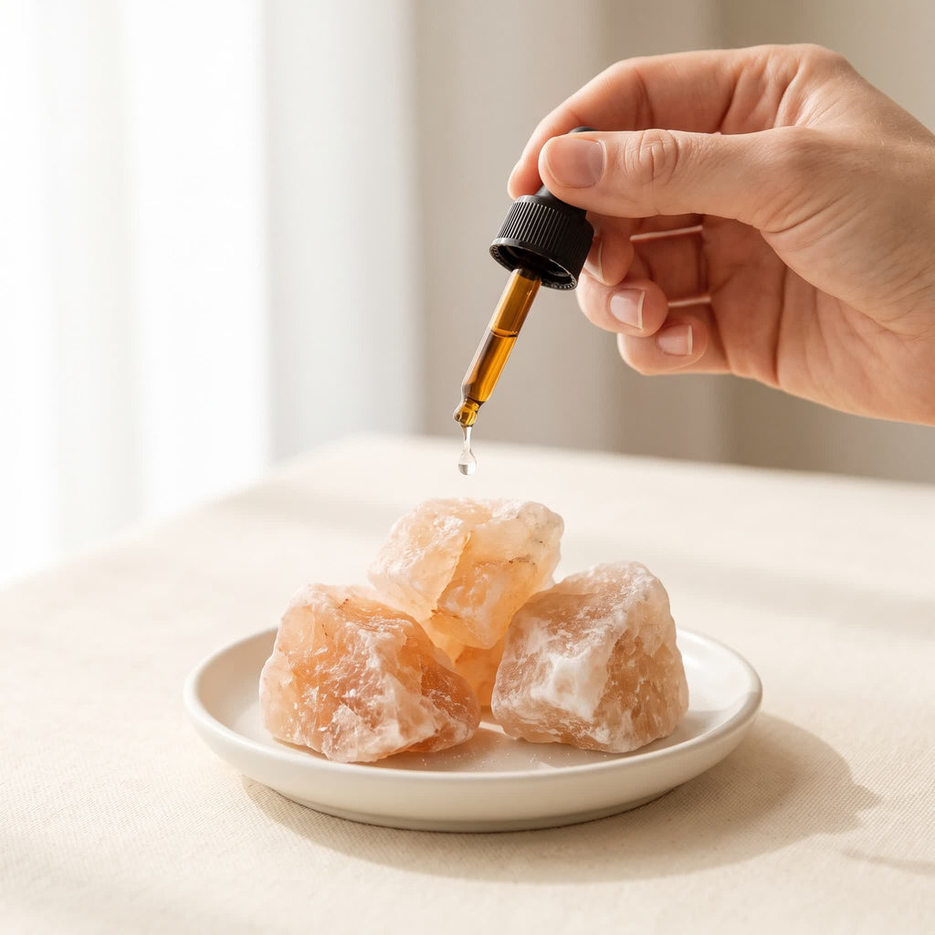 A drop of essential oil falling onto a rough Himalayan salt rock in a small dish