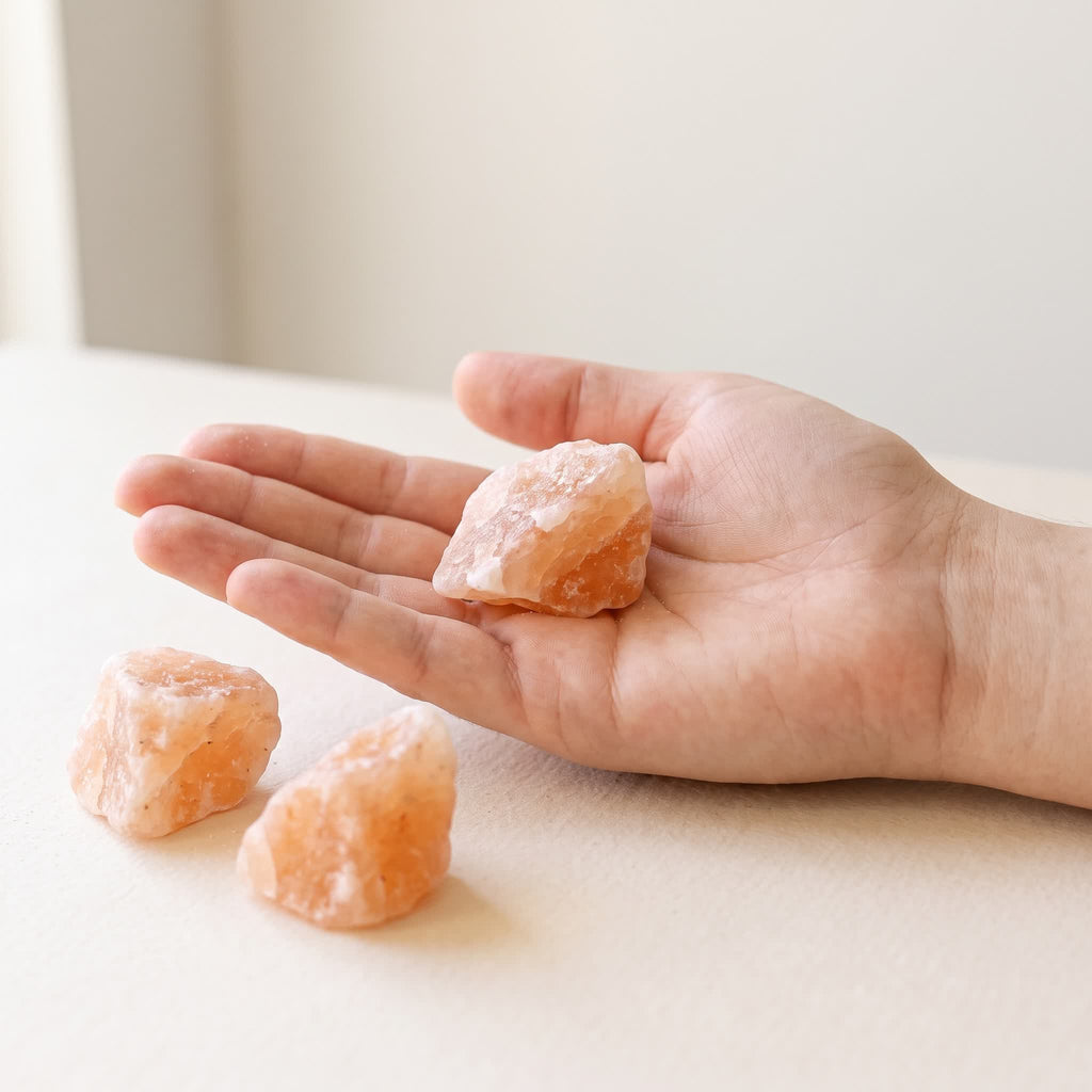 One 3 to 5 cm Himalayan salt rock held in an open palm showing its true size