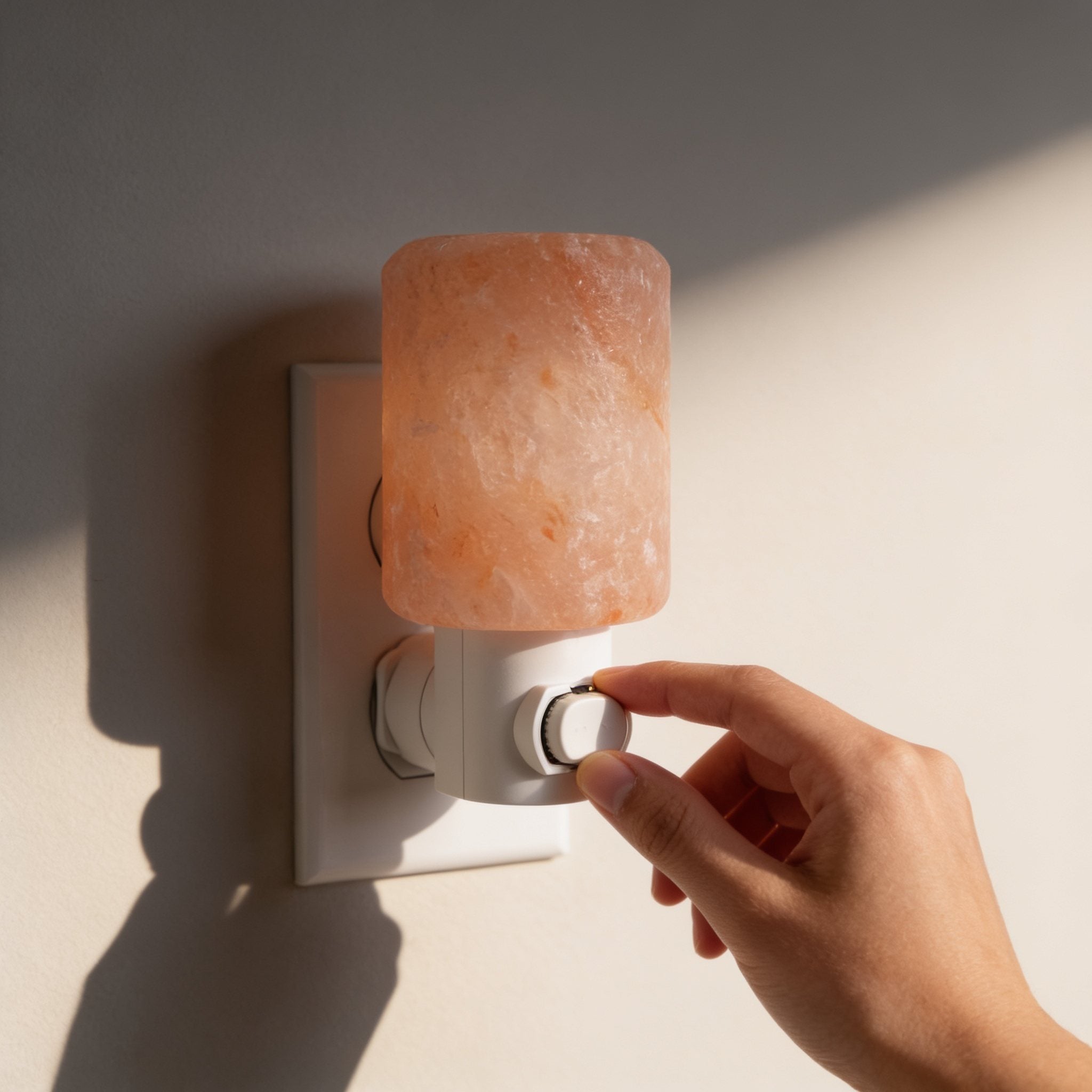 Hand turning on a small Himalayan salt wall lamp, showing its size next to the outlet