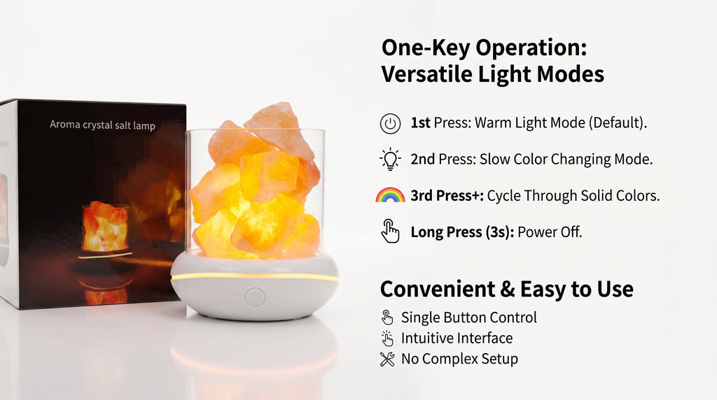 One-button control on the salt glow lamp: warm light, slow colour change, fixed colours