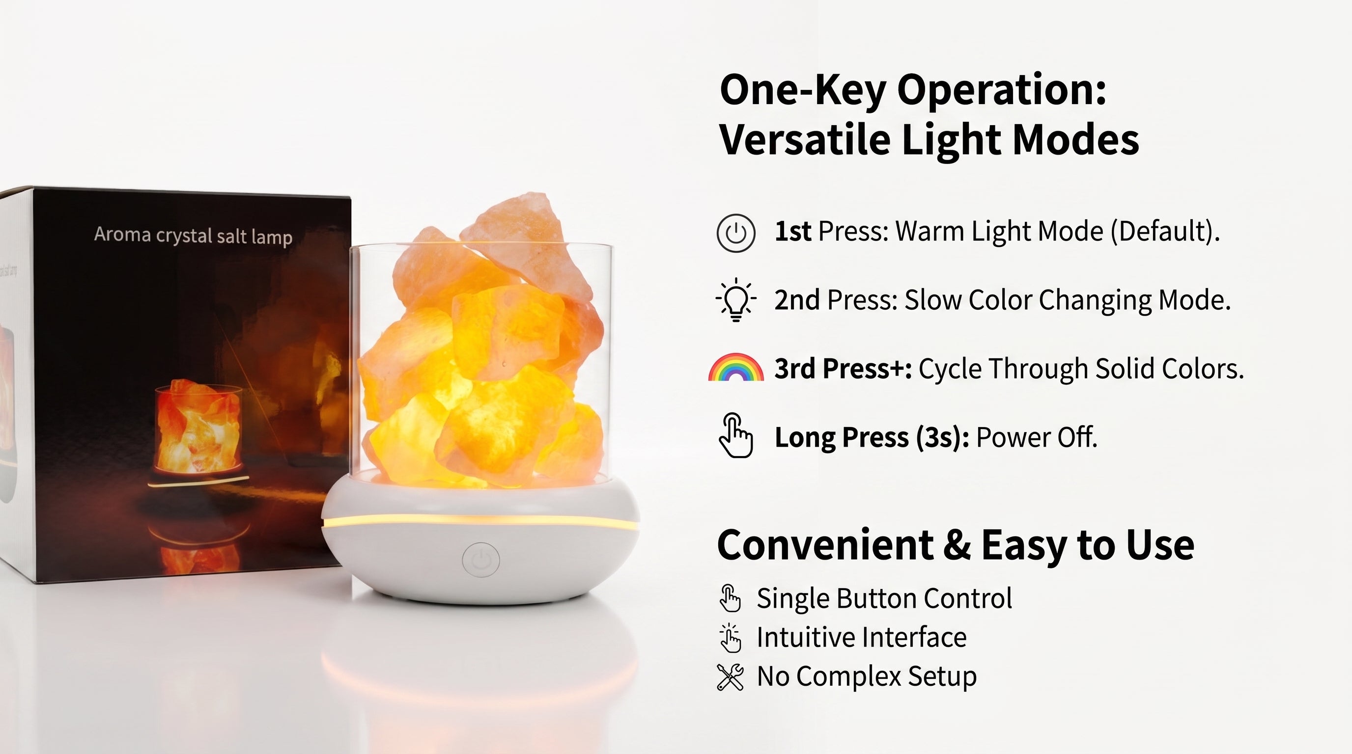 One-button control on the salt glow lamp: warm light, slow colour change, fixed colours