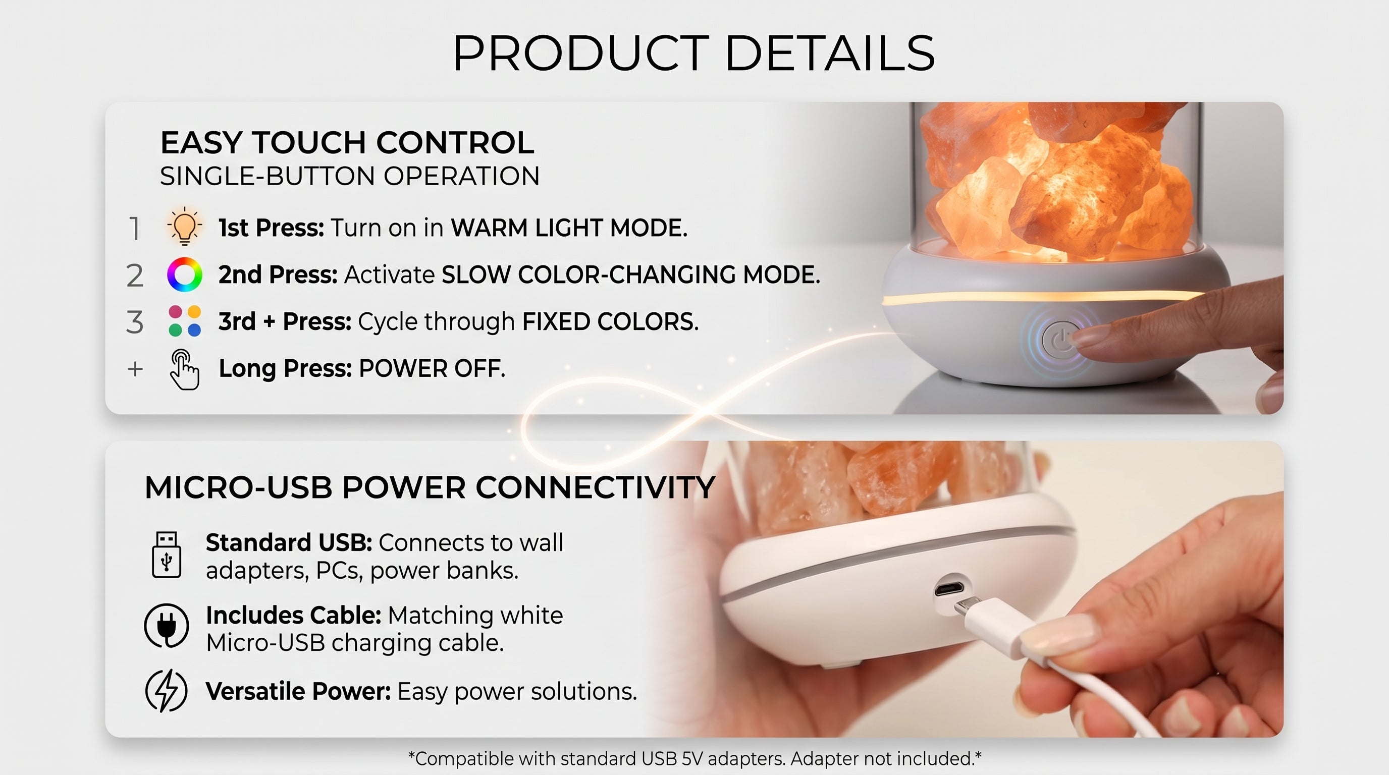 Salt glow lamp details: one-button control and micro-USB power