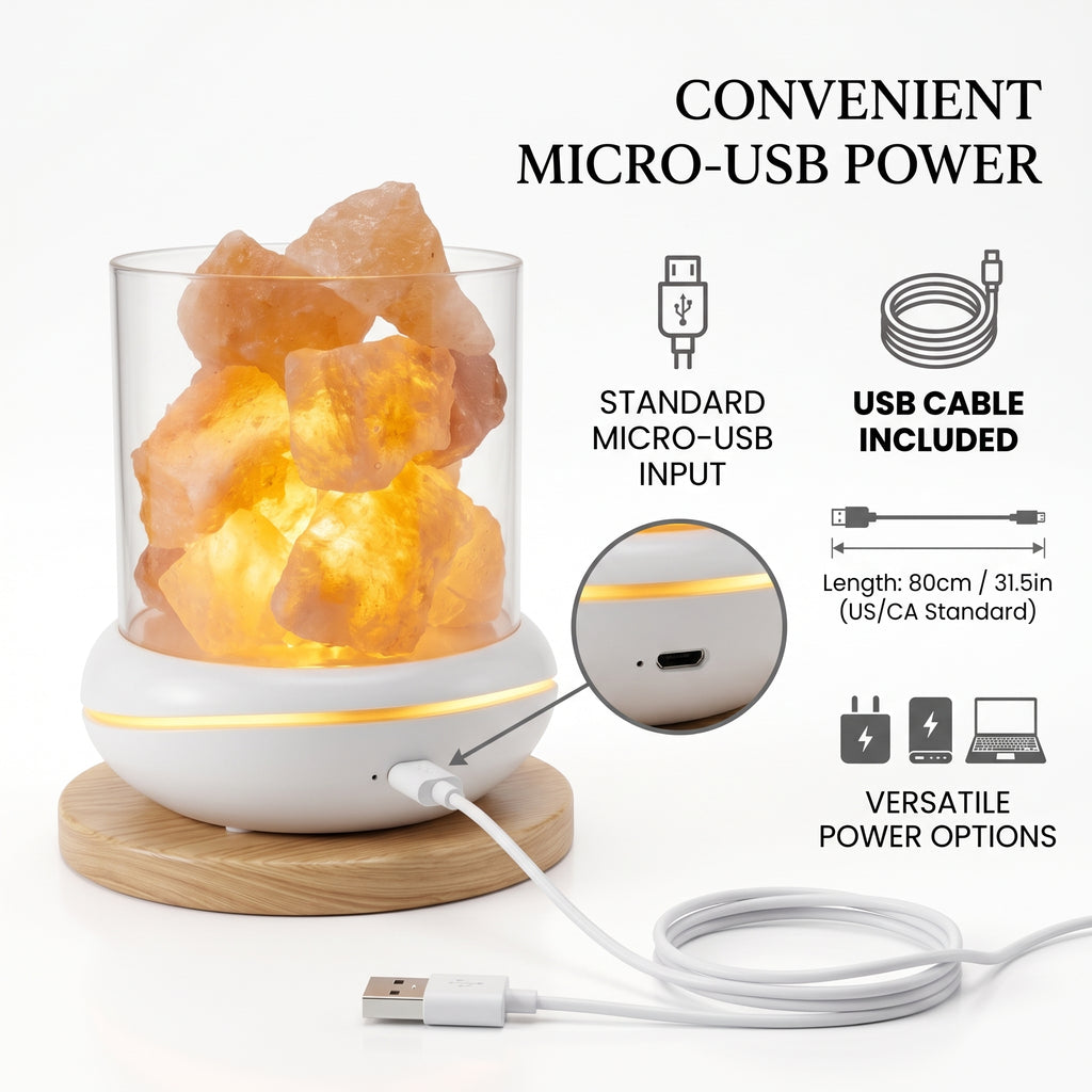 USB salt glow lamp with the micro-USB port and included USB cable