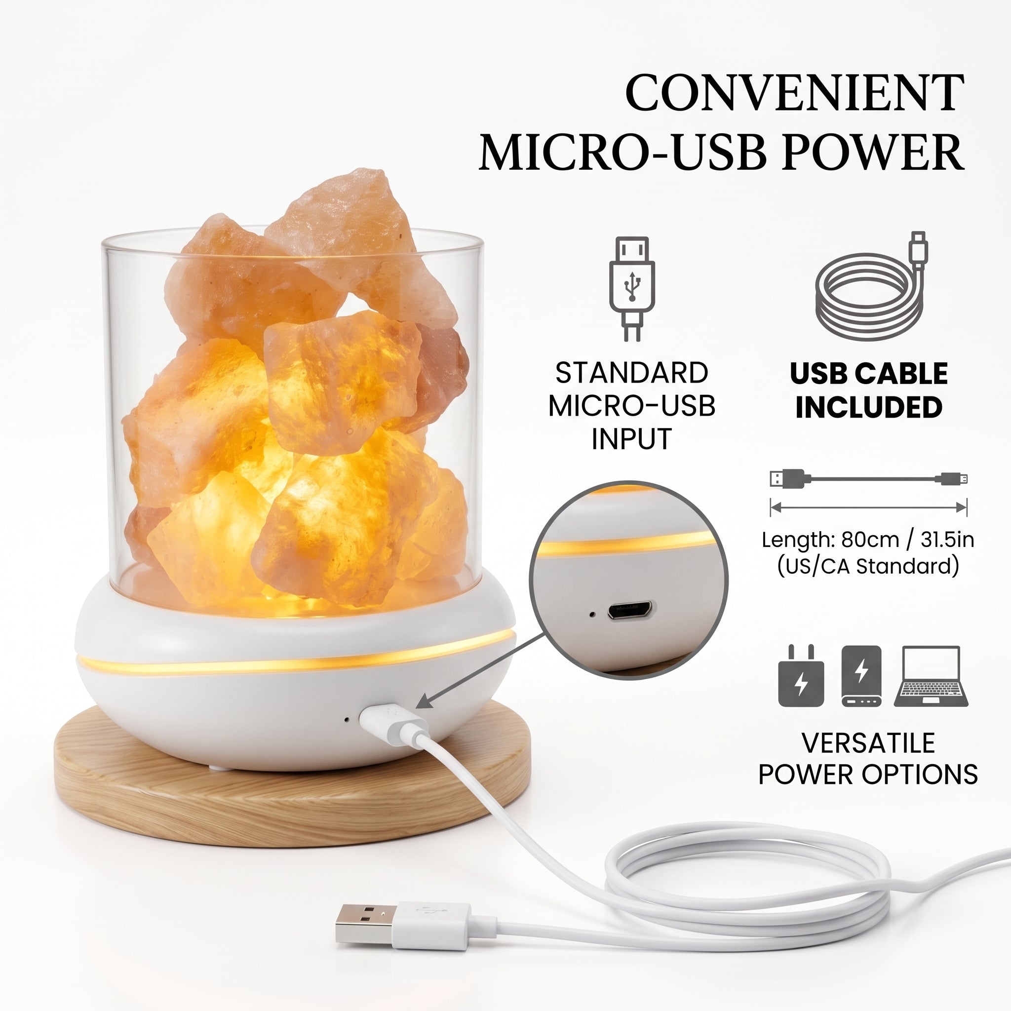 USB salt glow lamp with the micro-USB port and included USB cable