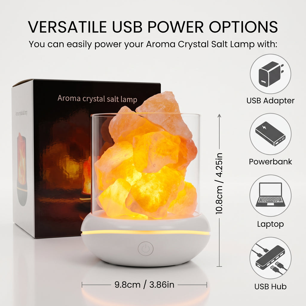 USB salt glow lamp with its power options: USB adapter, power bank, laptop or USB hub