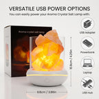 USB salt glow lamp with its power options: USB adapter, power bank, laptop or USB hub