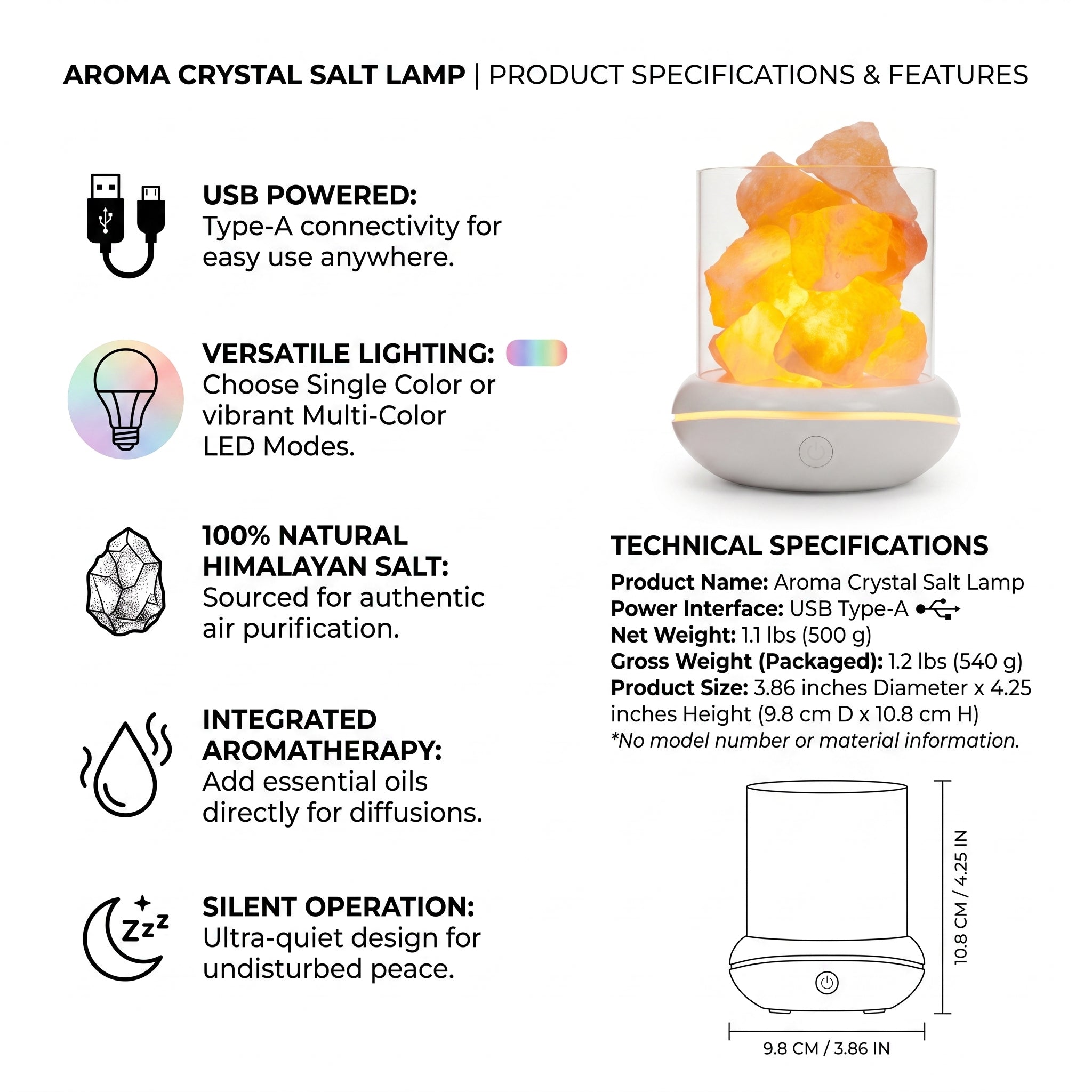 USB salt glow lamp product specifications and dimensions overview