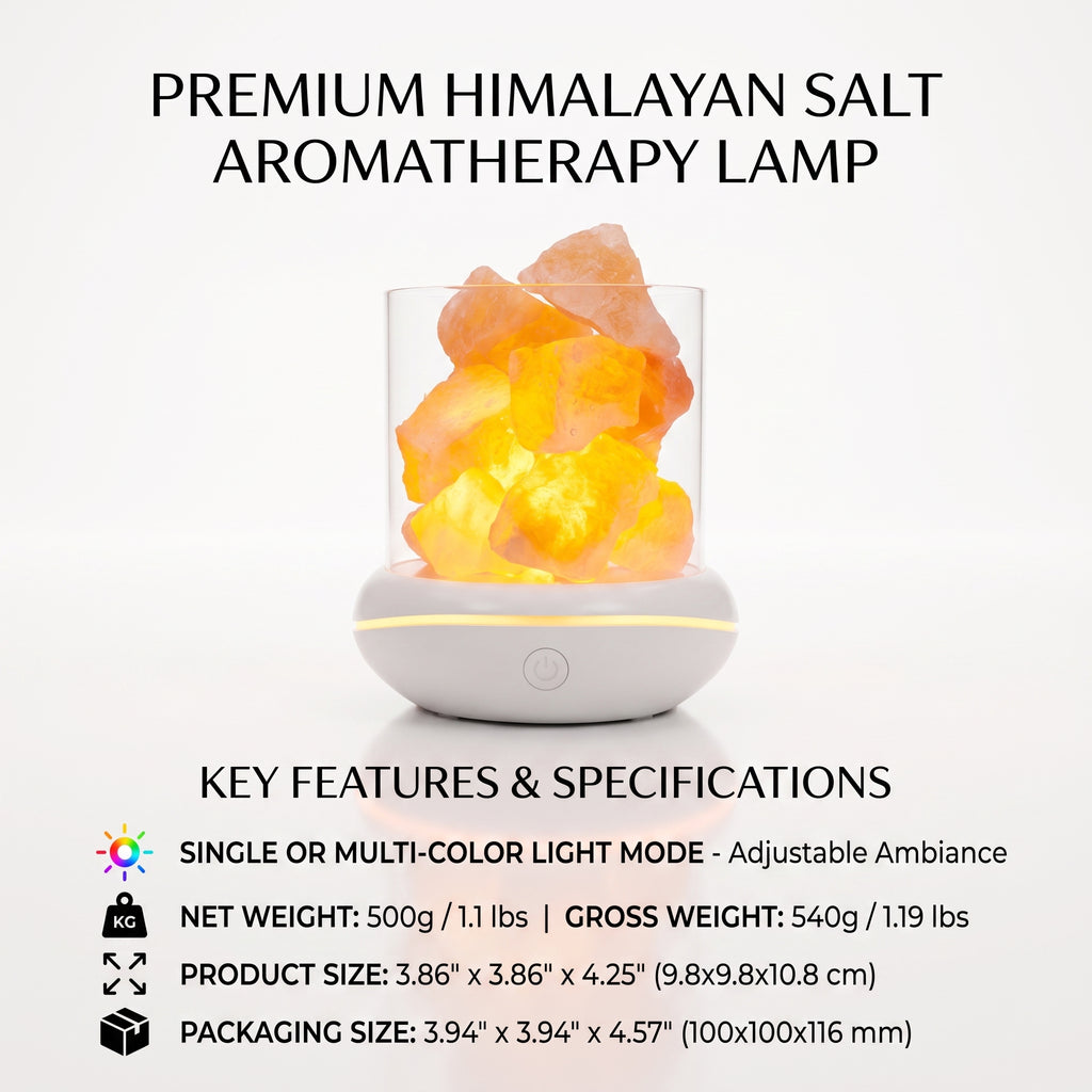 USB Himalayan salt glow lamp glowing warm, on a white background