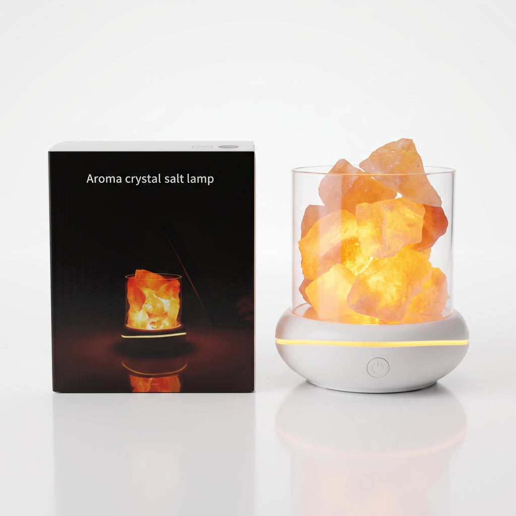 USB salt glow lamp beside its retail box