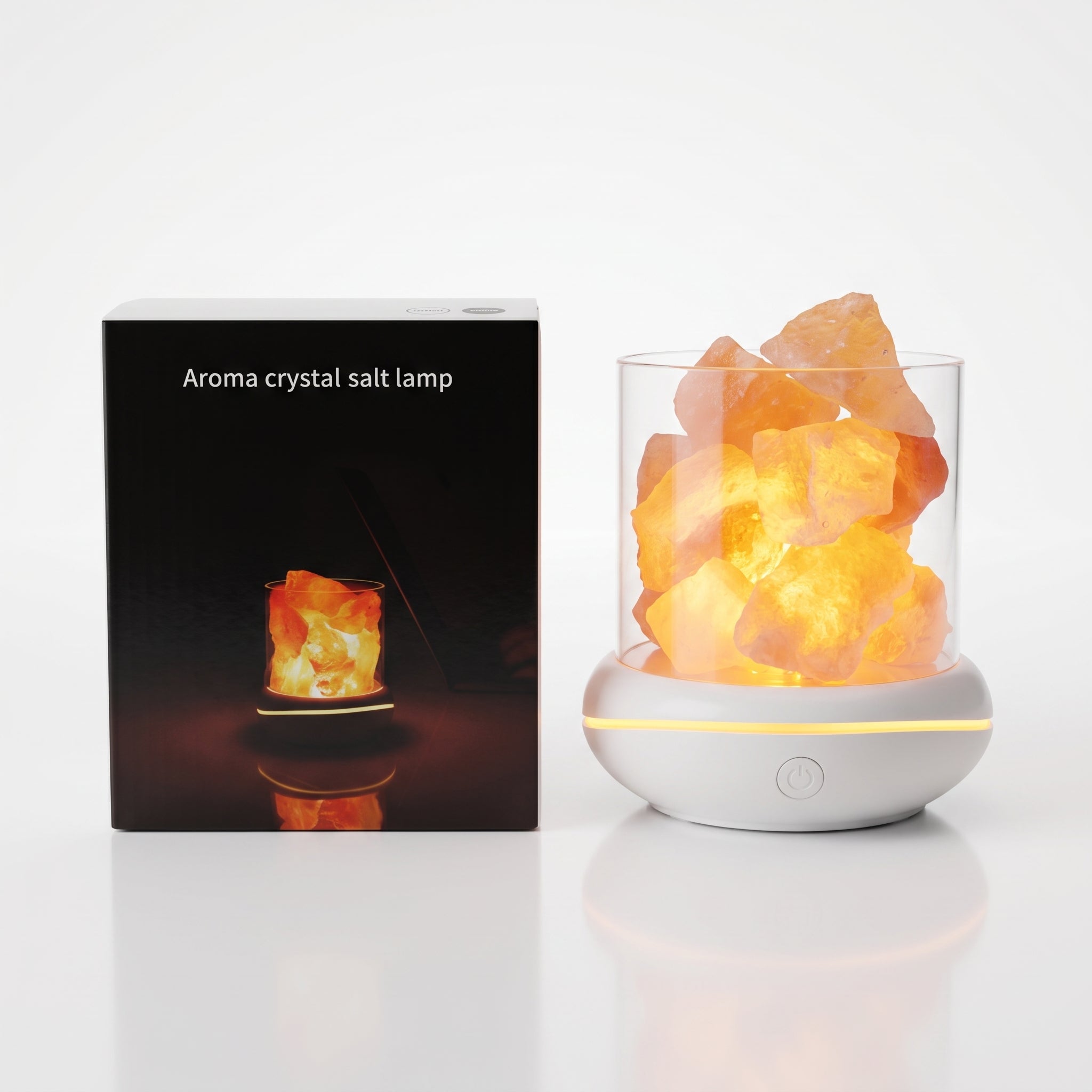 USB salt glow lamp beside its retail box