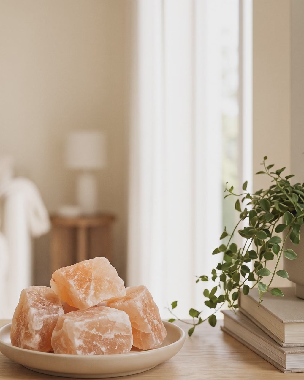 Rough uncarved Himalayan salt rocks in a ceramic dish on a wooden table in a bright living room