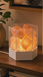 Modern Himalayan salt lamp, rough salt chunks lit inside a clear hexagonal case on a matte white base with its white USB cable running from the base