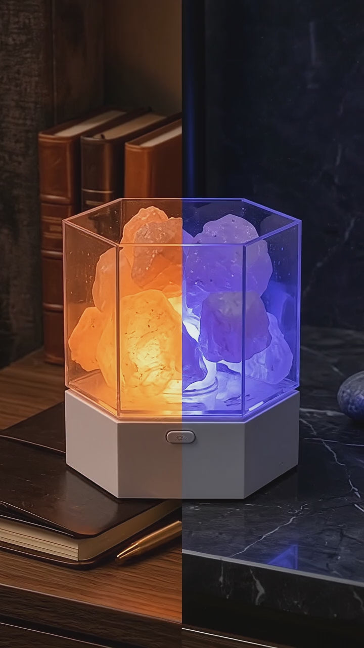 The Modern Himalayan salt lamp running its colour-changing mode, cycling slowly through its colours