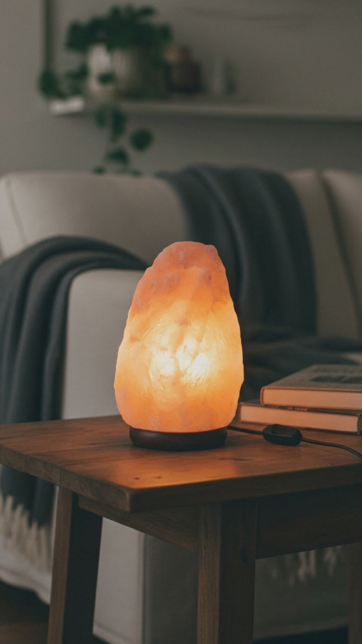 Natural Himalayan pink salt lamp glowing warm amber on a living room side table, slow lateral camera pan
