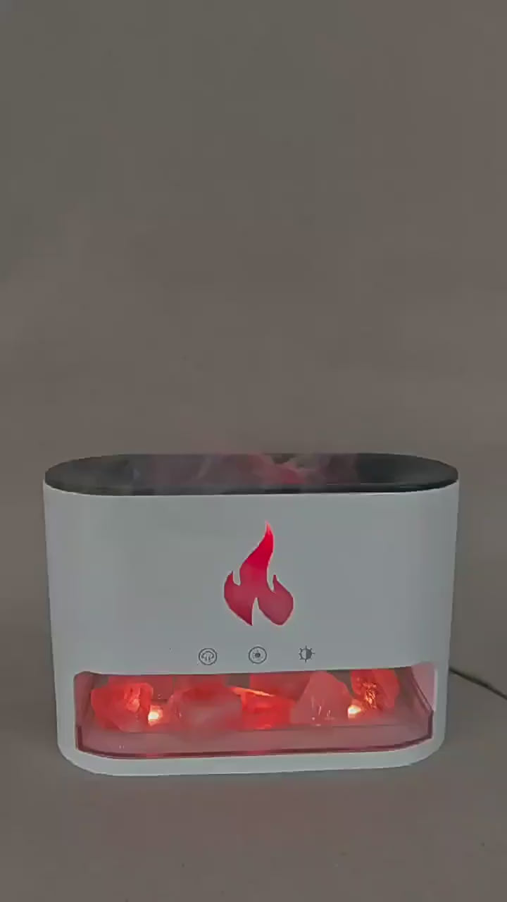 Himalayan salt flame diffuser with a warm flame-effect glow and cool mist