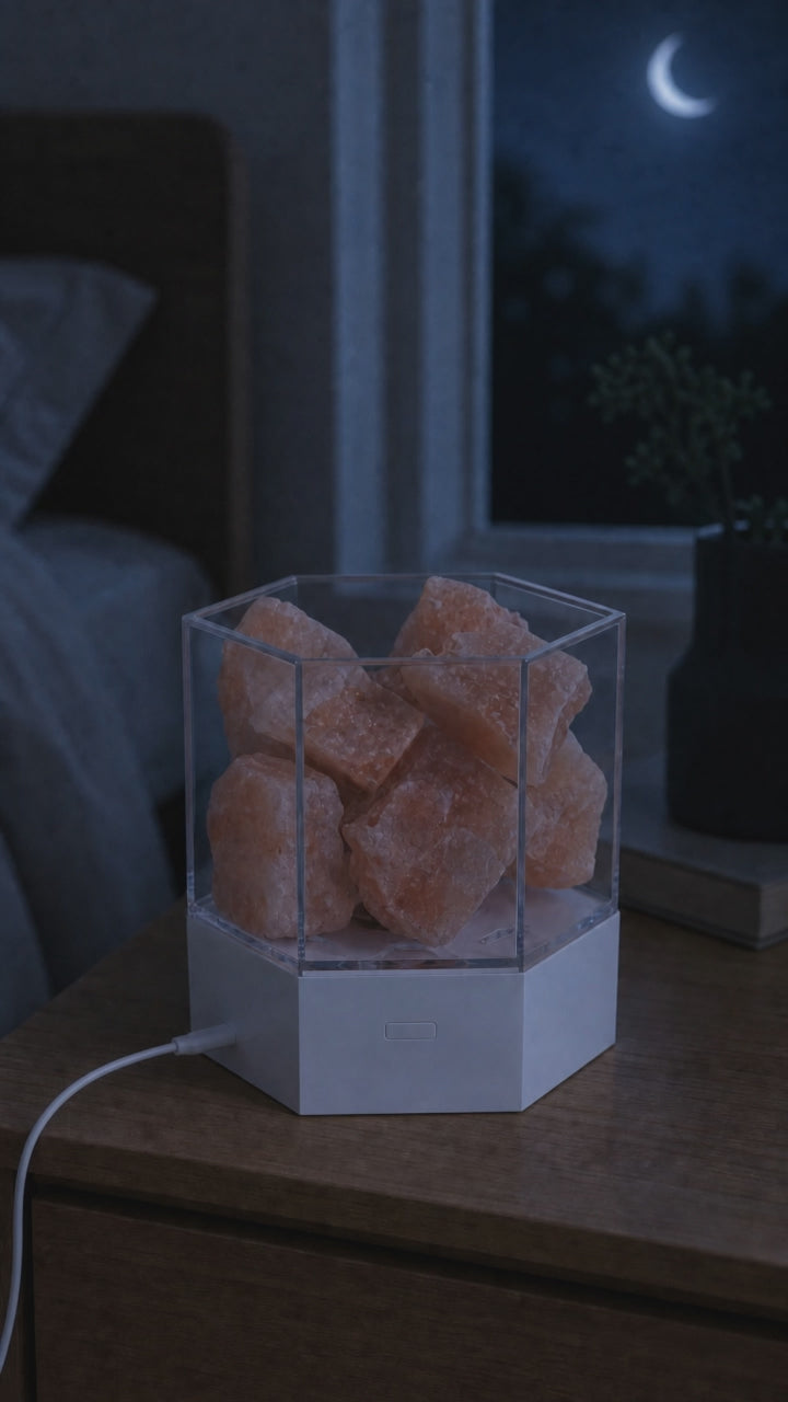 Modern Himalayan salt lamp blooming from dark to a warm amber glow, USB corded