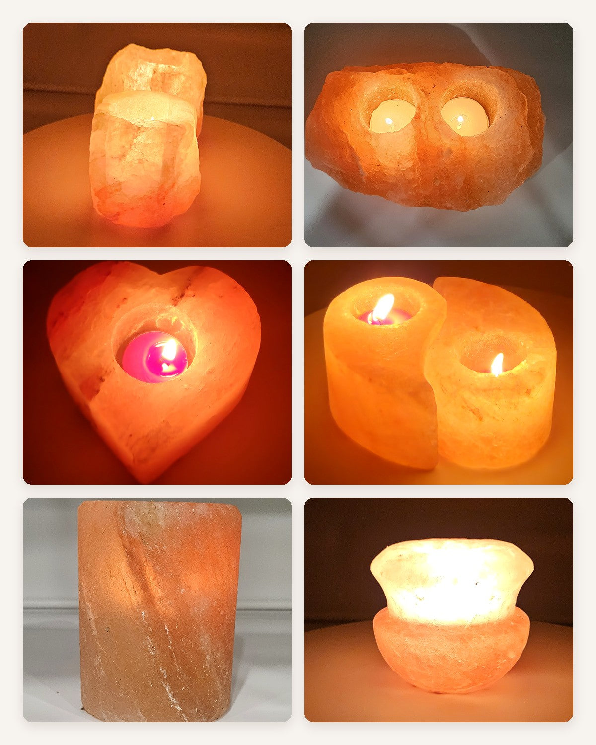 The six Himalayan salt candle holder shapes, each lit by a tea light, shown two across