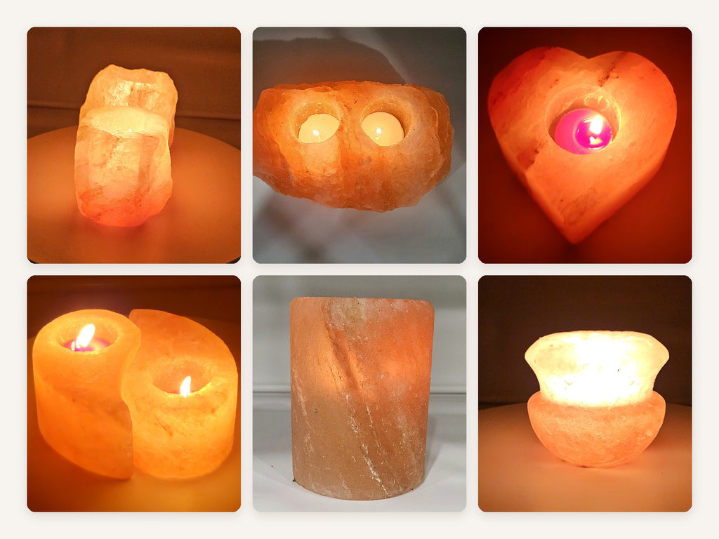 All six Himalayan salt candle holder shapes, each lit by a tea light