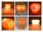 All six Himalayan salt candle holder shapes, each lit by a tea light