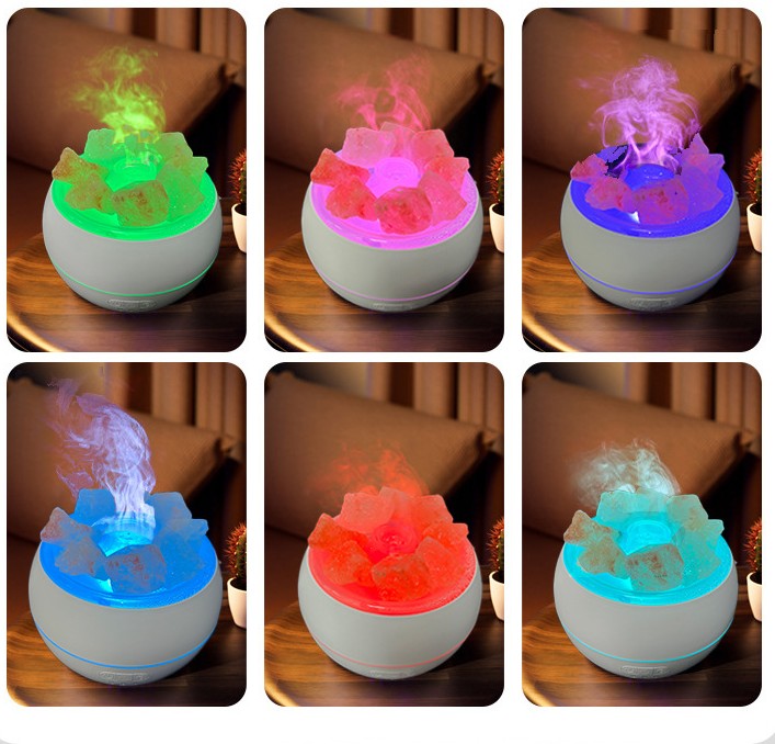 Six of the light colours the humidifier cycles through: green, pink, blue violet, pale blue, red and teal