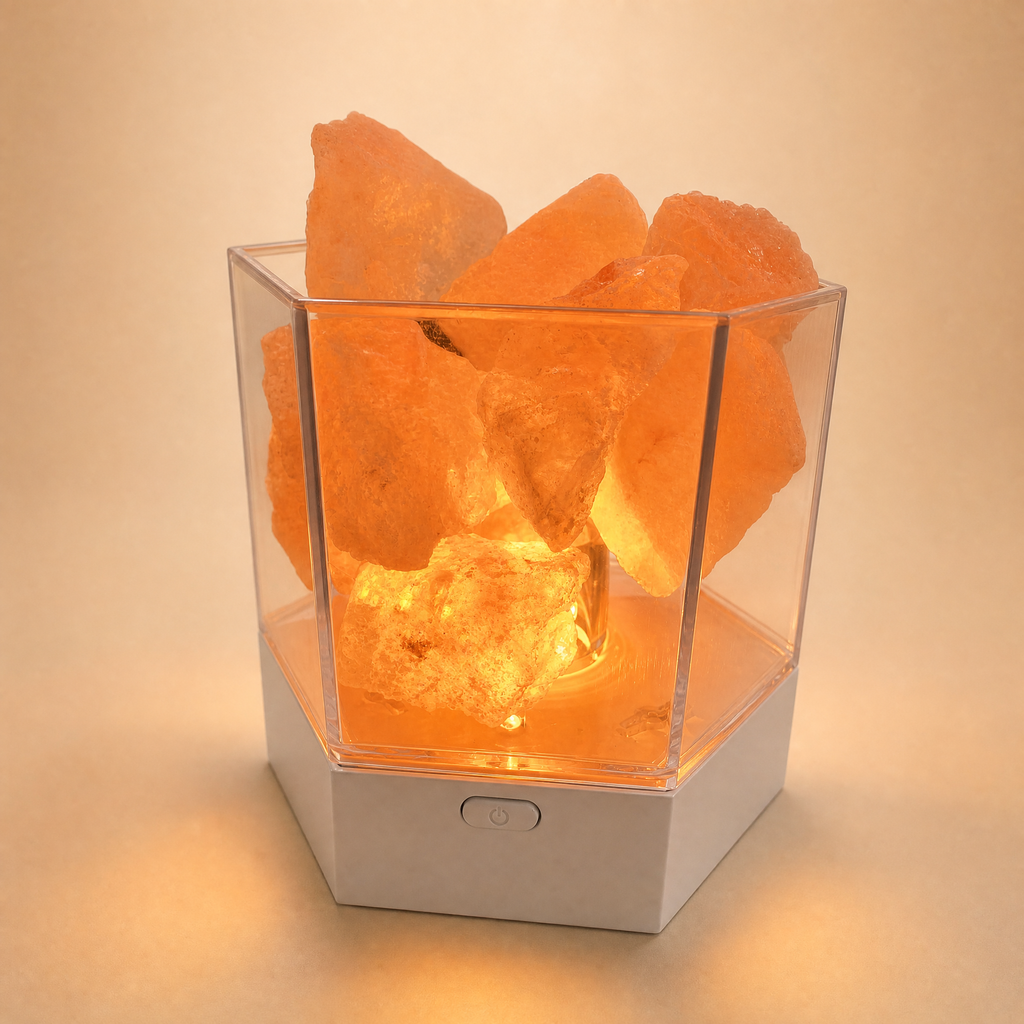 Modern Himalayan salt lamp lit warm amber, rough pink salt chunks inside a clear hexagonal case on a matte white base, with the single push button visible on the front of the base