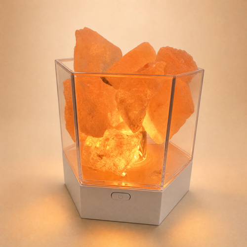 Modern Himalayan salt lamp lit warm amber, rough pink salt chunks inside a clear hexagonal case on a matte white base, with the single push button visible on the front of the base